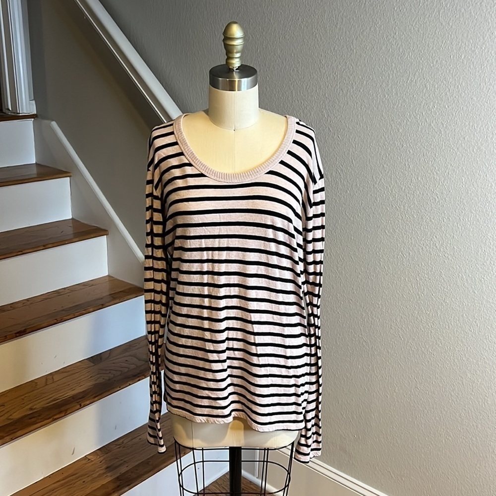 Enza Costa Cuffed Crew Neck Top Soft Cotton Cashmere Blend Pink/Black St…